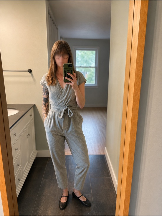 notPERFECTLINEN Pants - Not Perfect Linen MARGARET wrap linen jumpsuit: XS Color Natural/Grey Stripes